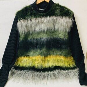 Clover Canyon Women's Color Block Knit Sweater Top Faux Fur Long Sleeves Black